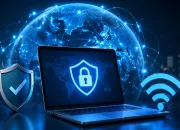 Ilustrasi laptop dengan simbol keamanan jaringan dan koneksi internet global sebagai gambaran keamanan browsing dan pemblokiran situs 11.90.150.204