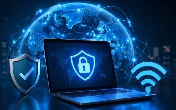 Ilustrasi laptop dengan simbol keamanan jaringan dan koneksi internet global sebagai gambaran keamanan browsing dan pemblokiran situs 11.90.150.204