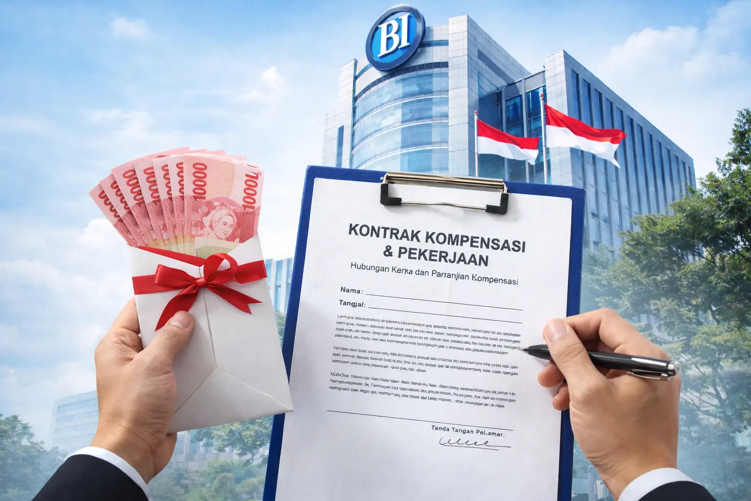 Ilustrasi kantor modern dan aktivitas pegawai terkait pembahasan gaji Bank Indonesia serta fasilitas kerja karyawan BI terbaru.
