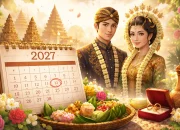 Ilustrasi pasangan pengantin adat Jawa dengan latar budaya tradisional, dihiasi bunga, seserahan, cincin pernikahan, dan kalender tahun 2027 sebagai simbol penentuan tanggal pernikahan.