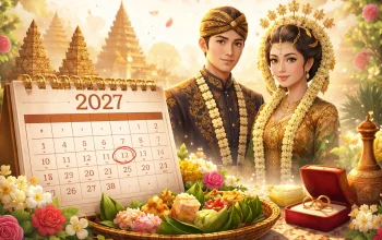 Ilustrasi pasangan pengantin adat Jawa dengan latar budaya tradisional, dihiasi bunga, seserahan, cincin pernikahan, dan kalender tahun 2027 sebagai simbol penentuan tanggal pernikahan.