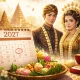 Ilustrasi pasangan pengantin adat Jawa dengan latar budaya tradisional, dihiasi bunga, seserahan, cincin pernikahan, dan kalender tahun 2027 sebagai simbol penentuan tanggal pernikahan.
