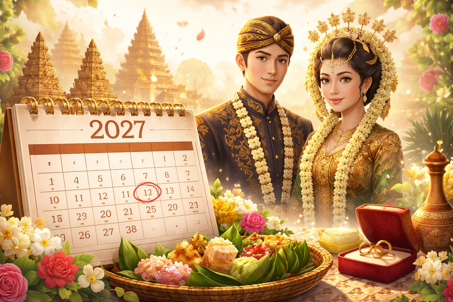 Ilustrasi pasangan pengantin adat Jawa dengan latar budaya tradisional, dihiasi bunga, seserahan, cincin pernikahan, dan kalender tahun 2027 sebagai simbol penentuan tanggal pernikahan.