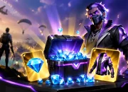 Visual peti hadiah berisi diamond biru dan skin karakter Free Fire sebagai ilustrasi Kode Redeem FF Hari Ini 16 April 2026 tanpa teks.