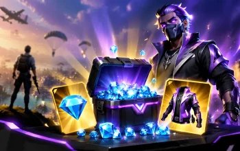 Visual peti hadiah berisi diamond biru dan skin karakter Free Fire sebagai ilustrasi Kode Redeem FF Hari Ini 16 April 2026 tanpa teks.