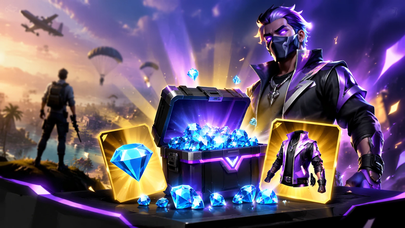 Visual peti hadiah berisi diamond biru dan skin karakter Free Fire sebagai ilustrasi Kode Redeem FF Hari Ini 16 April 2026 tanpa teks.