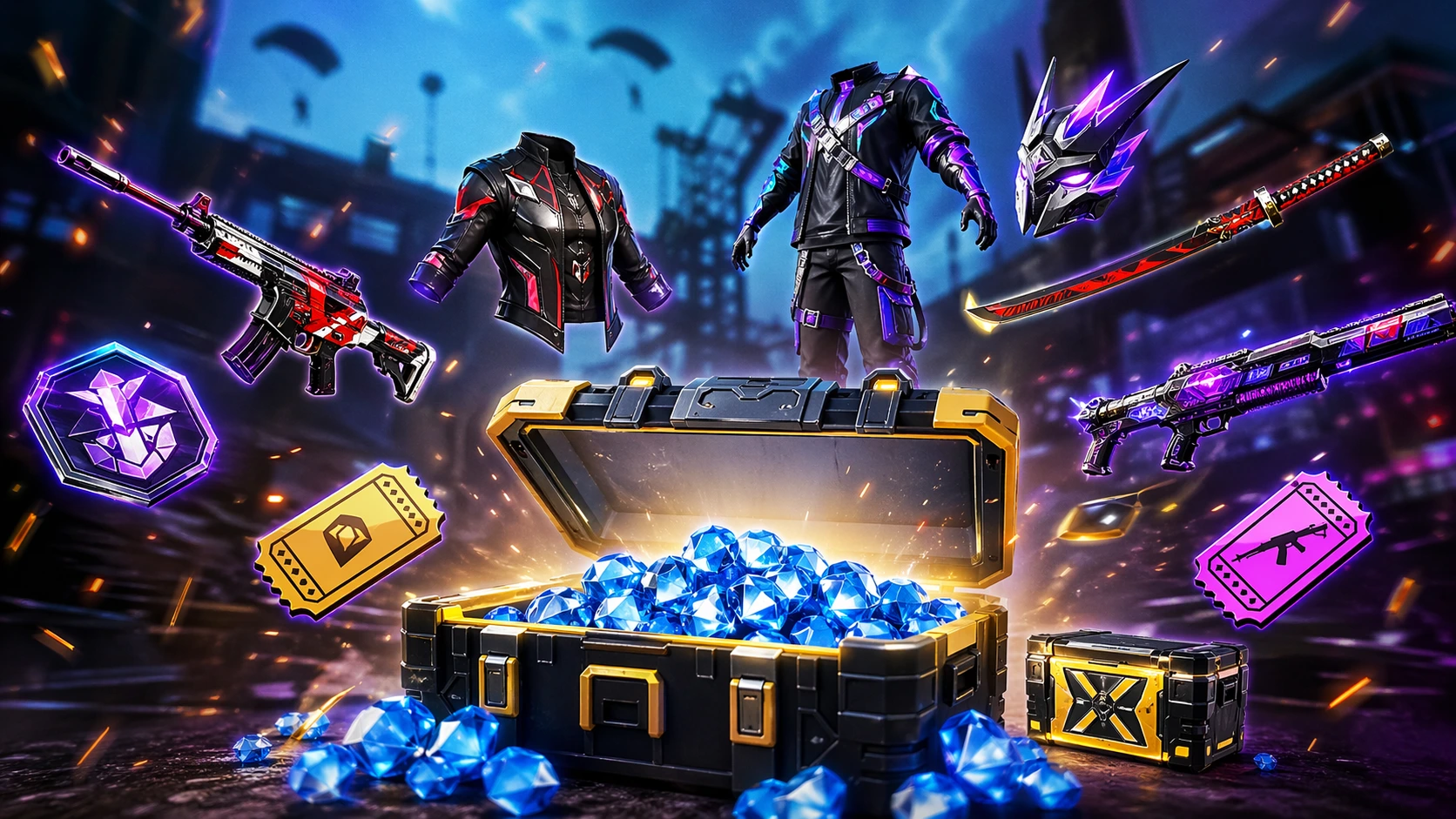 Visual hadiah kode redeem FF terbaru 24 April 2026 berupa diamond gratis, skin senjata, bundle eksklusif, dan voucher Free Fire.