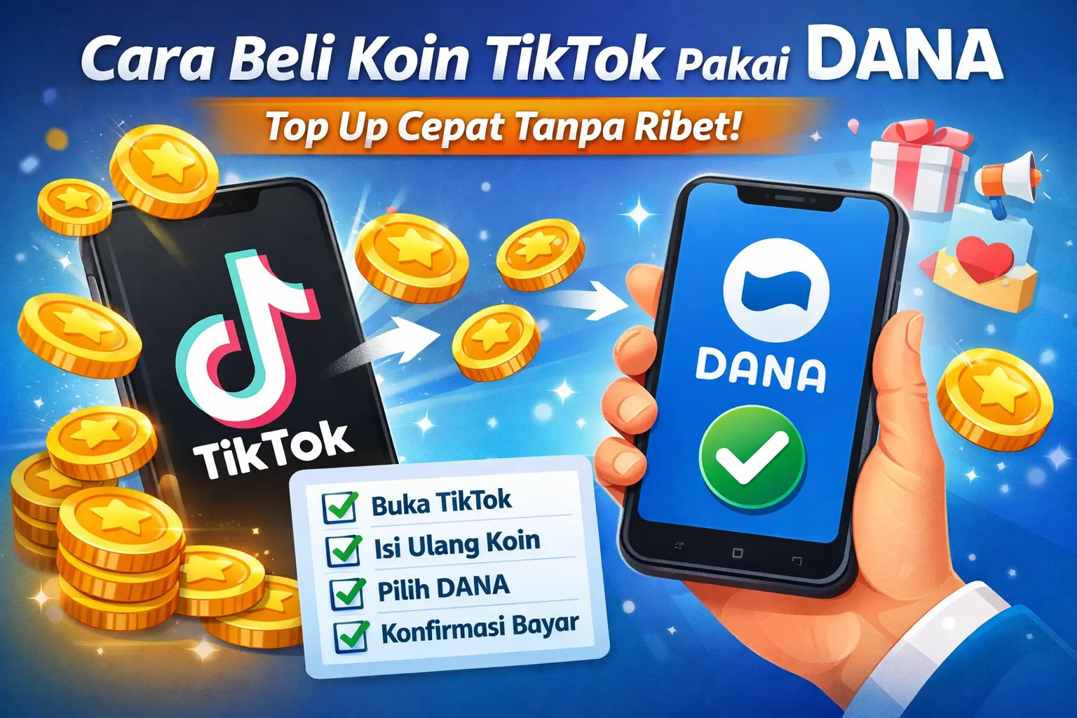 Infografis langkah-langkah cara beli Koin TikTok Pakai DANA 2026: Buka TikTok, Isi Ulang Koin, Pilih DANA, Konfirmasi Bayar