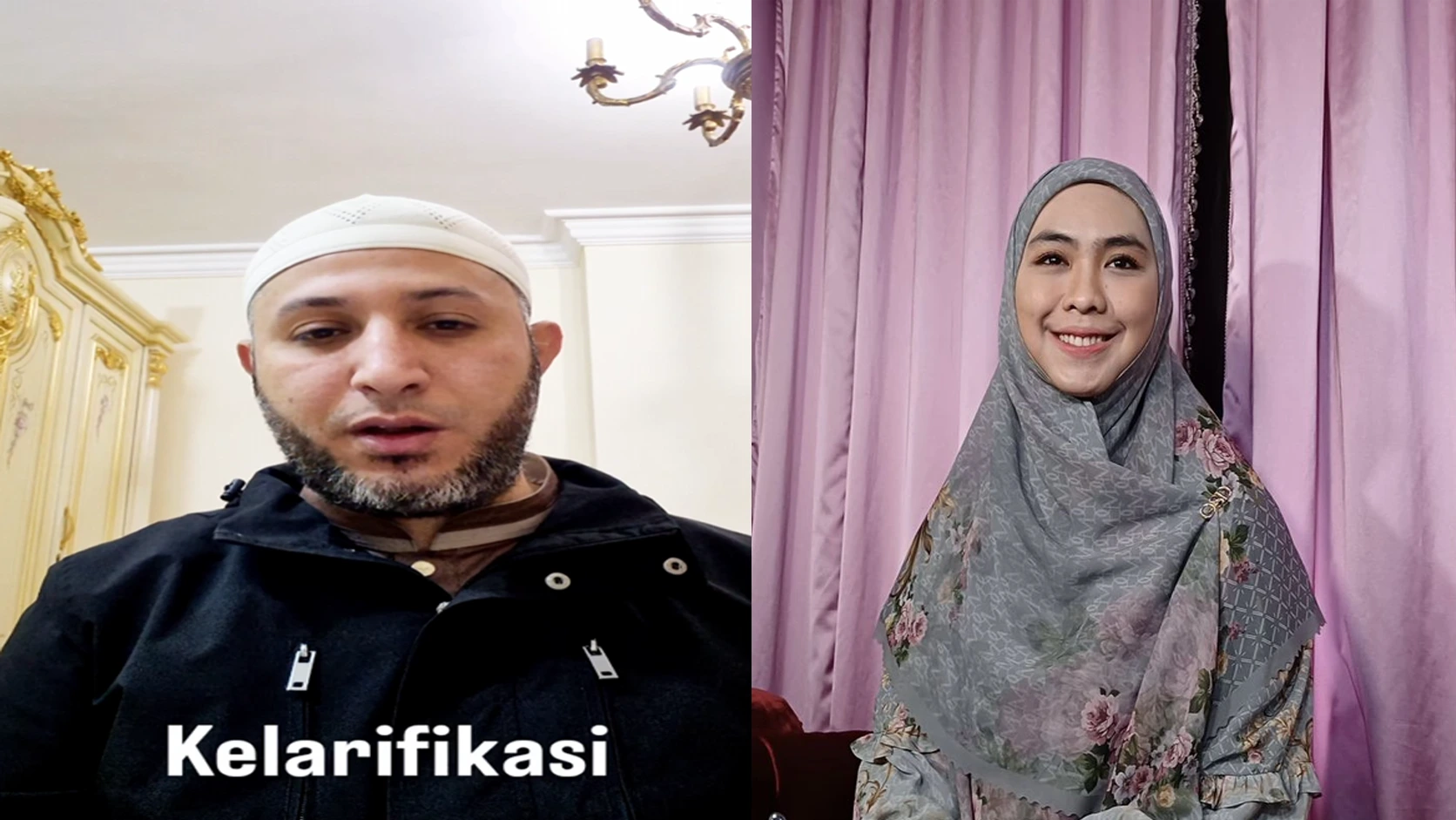 Kolase foto Syekh Ahmad Al Misry saat memberikan klarifikasi dan Oki Setiana Dewi yang disebut ikut mengungkap kembali kasus dugaan pelecehan seksual terhadap lima santri.