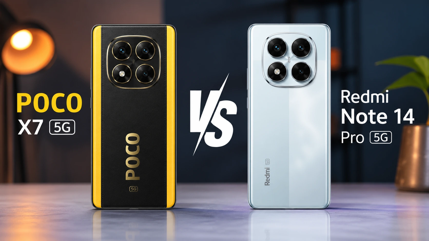 Perbandingan Poco X7 5G vs Redmi Note 14 Pro 5G dengan desain premium dan spesifikasi serupa.