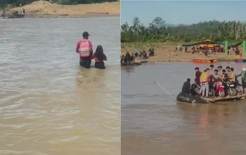 warga Sawang Aceh Utara menyeberang sungai menggunakan rakit darurat pascabencana 2025