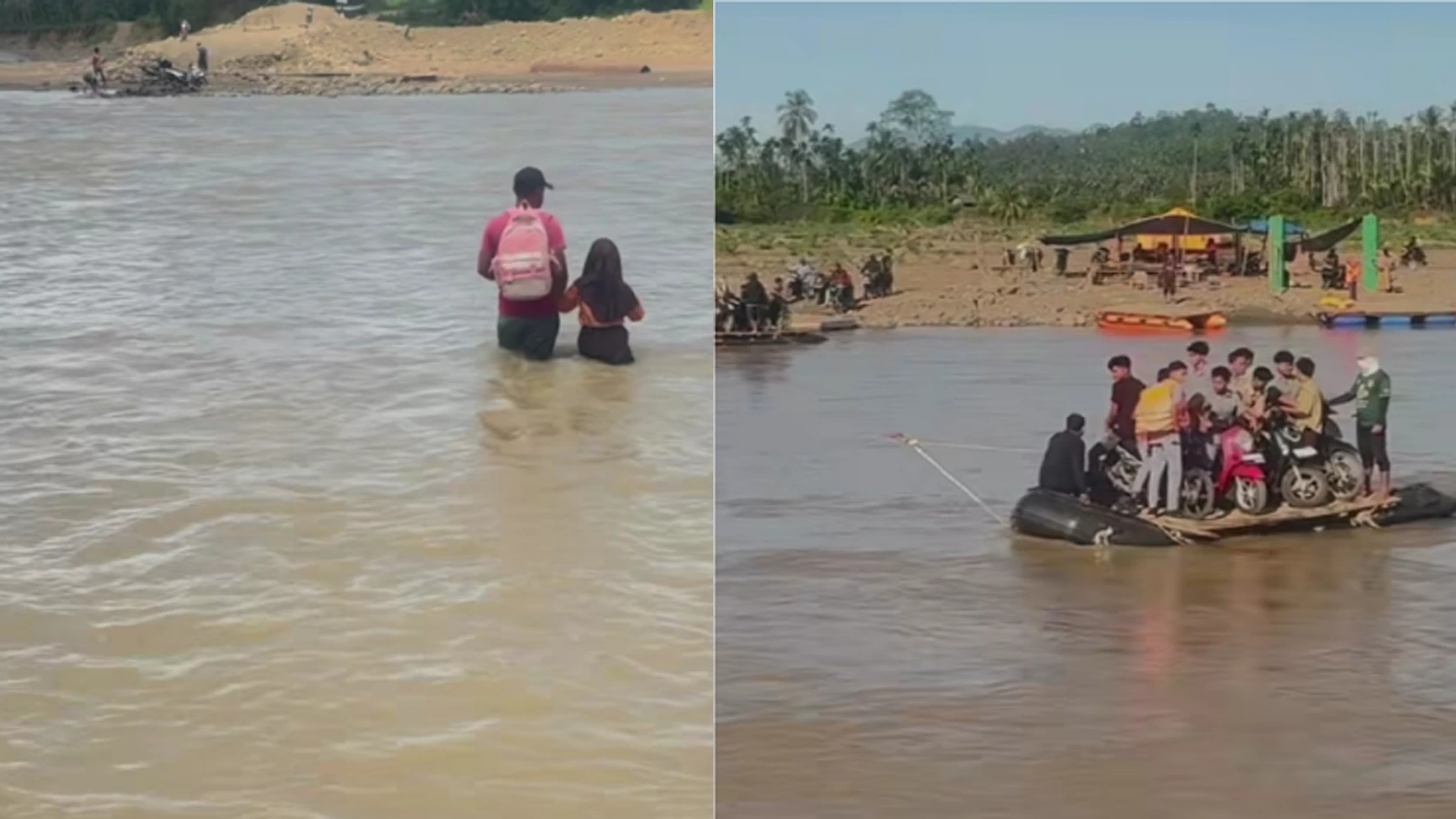 warga Sawang Aceh Utara menyeberang sungai menggunakan rakit darurat pascabencana 2025