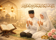 Ilustrasi pengantin Muslim berdoa akad nikah setelah ijab qabul, duduk di atas sajadah dengan Al-Qur’an dan cincin pernikahan, suasana religius dan penuh keberkahan.