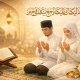 Ilustrasi pengantin Muslim berdoa akad nikah setelah ijab qabul, duduk di atas sajadah dengan Al-Qur’an dan cincin pernikahan, suasana religius dan penuh keberkahan.