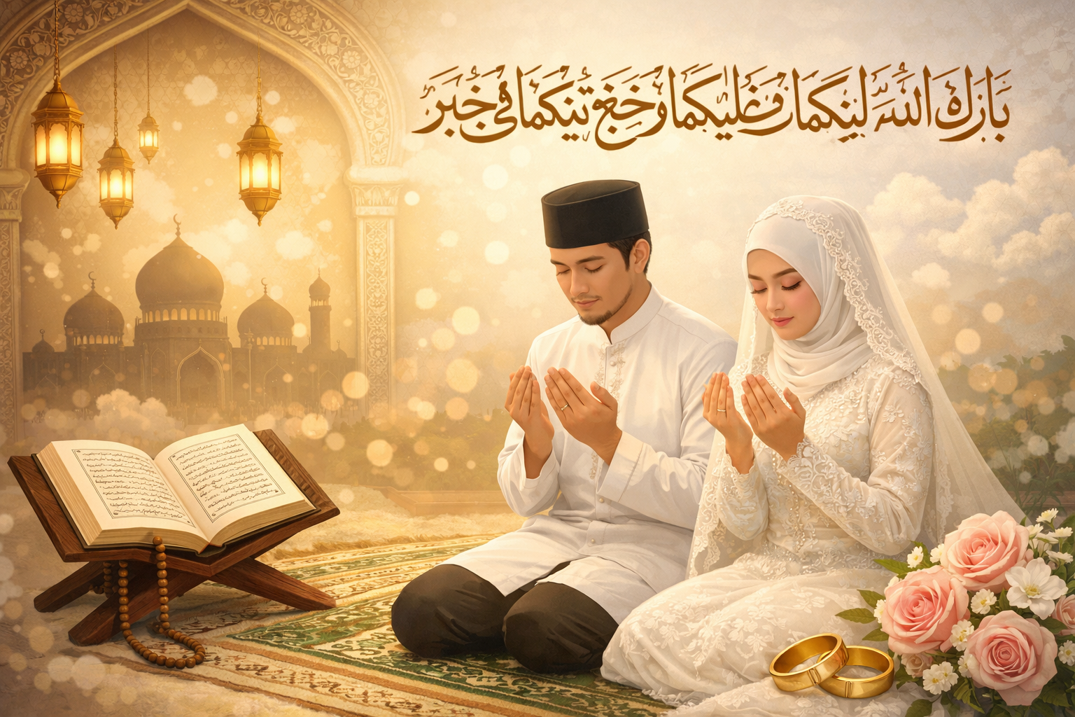 Ilustrasi pengantin Muslim berdoa akad nikah setelah ijab qabul, duduk di atas sajadah dengan Al-Qur’an dan cincin pernikahan, suasana religius dan penuh keberkahan.