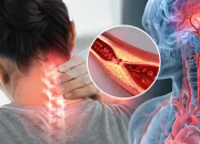 Ilustrasi sakit leher akibat kolesterol tinggi yang menunjukkan penyempitan pembuluh darah karena penumpukan plak kolesterol.