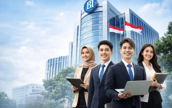 Ilustrasi pegawai profesional di depan gedung Bank Indonesia terkait informasi jalur PKWT Bank Indonesia 2026 dan lowongan kerja BI terbaru.