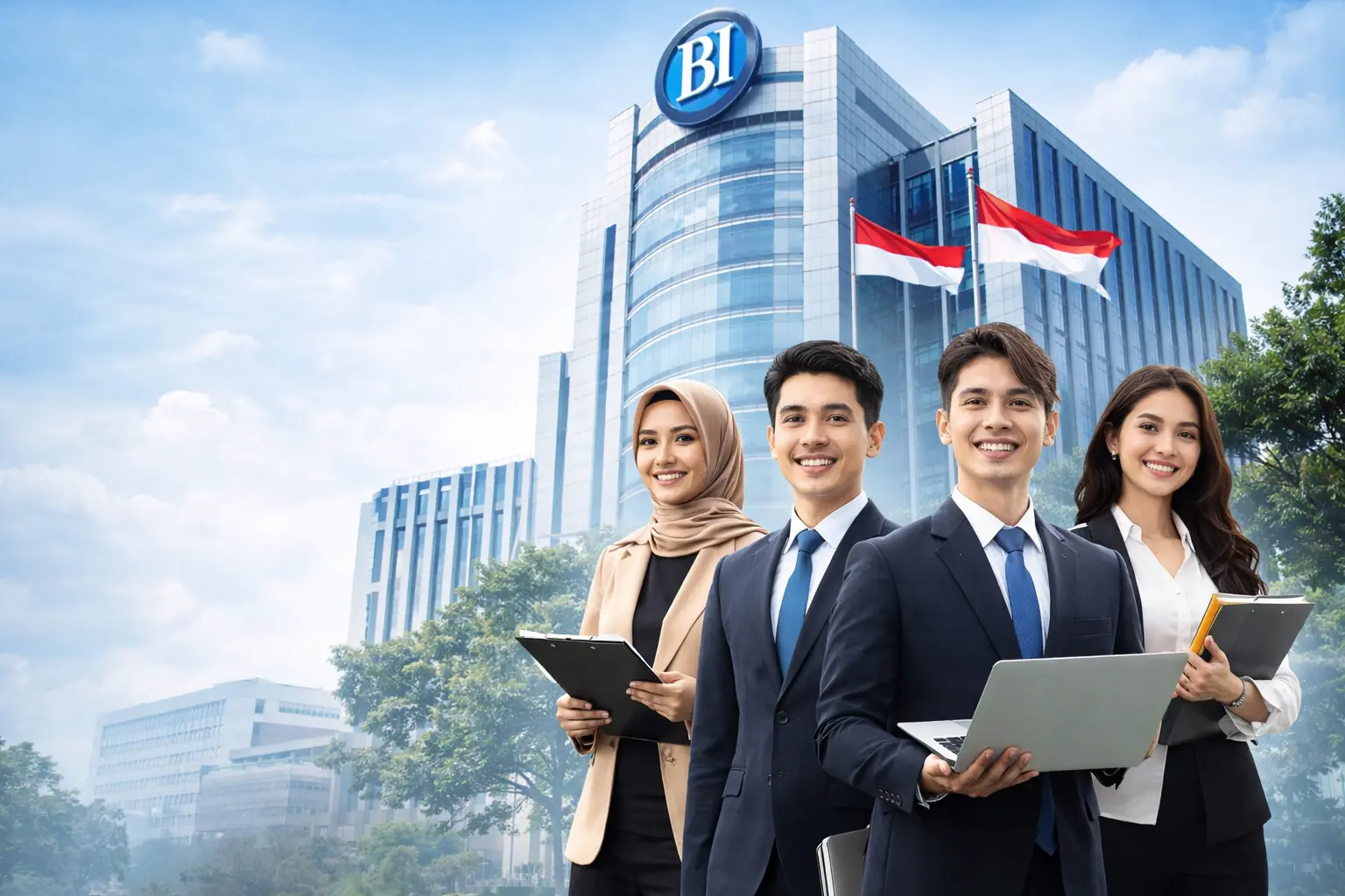 Ilustrasi pegawai profesional di depan gedung Bank Indonesia terkait informasi jalur PKWT Bank Indonesia 2026 dan lowongan kerja BI terbaru.