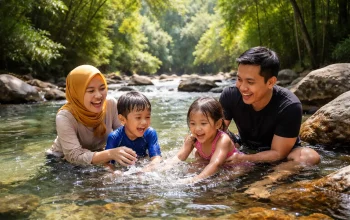Keluarga menikmati suasana pemandian alam di Medan dengan air sungai jernih dan pemandangan hijau alami