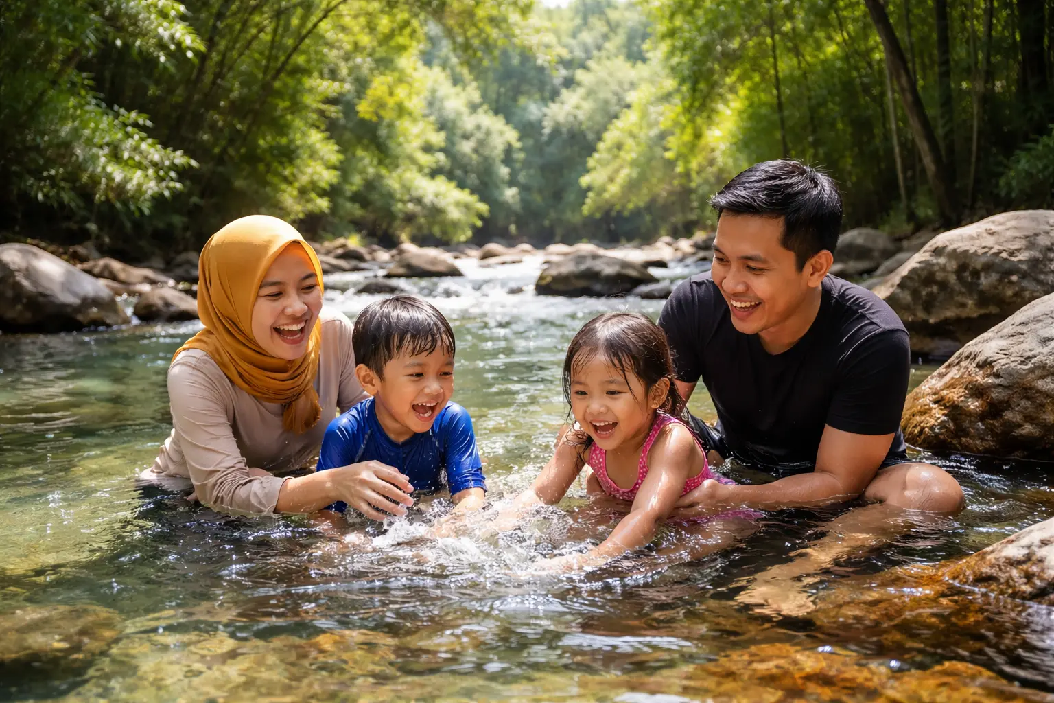 Keluarga menikmati suasana pemandian alam di Medan dengan air sungai jernih dan pemandangan hijau alami
