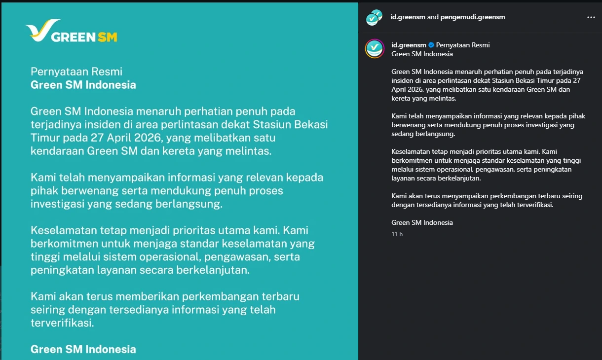 Pernyataan resmi Green SM kecelakaan Bekasi Timur terkait dugaan taksi listrik mogok di rel sebelum tabrakan KRL dan KA Argo Bromo Anggrek