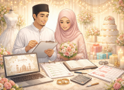 Ilustrasi persiapan pernikahan islami oleh pasangan Muslim dengan checklist, Al-Qur’an, dan perlengkapan pernikahan dalam suasana hangat dan religius.