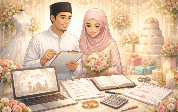 Ilustrasi persiapan pernikahan islami oleh pasangan Muslim dengan checklist, Al-Qur’an, dan perlengkapan pernikahan dalam suasana hangat dan religius.