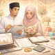 Ilustrasi persiapan pernikahan islami oleh pasangan Muslim dengan checklist, Al-Qur’an, dan perlengkapan pernikahan dalam suasana hangat dan religius.