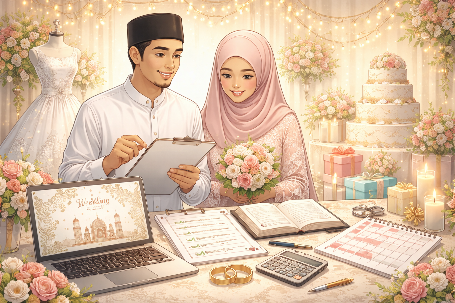 Ilustrasi persiapan pernikahan islami oleh pasangan Muslim dengan checklist, Al-Qur’an, dan perlengkapan pernikahan dalam suasana hangat dan religius.
