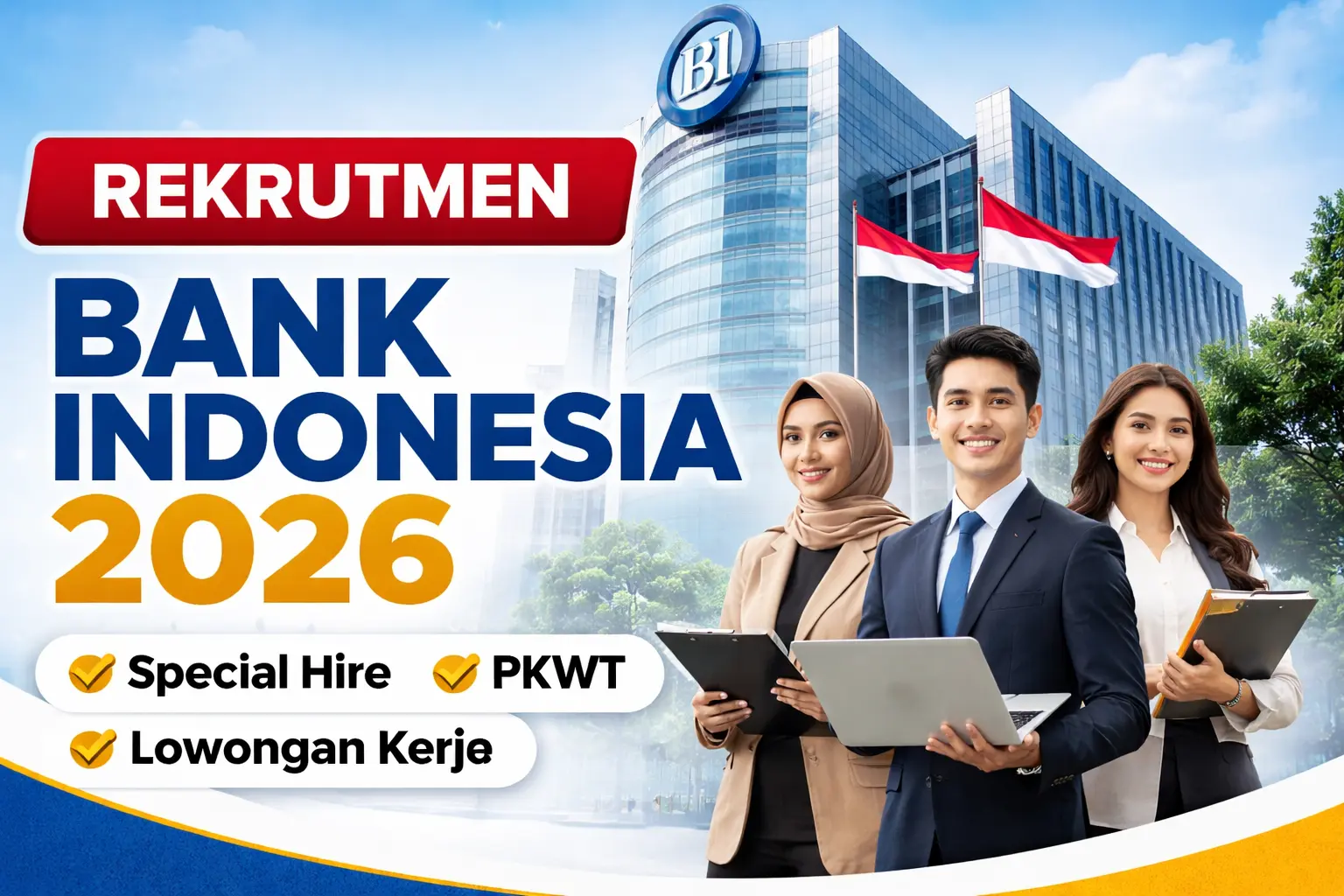 Ilustrasi rekrutmen PKWT Bank Indonesia 2026 dan lowongan kerja BI jalur Special Hire untuk posisi profesional nasional.