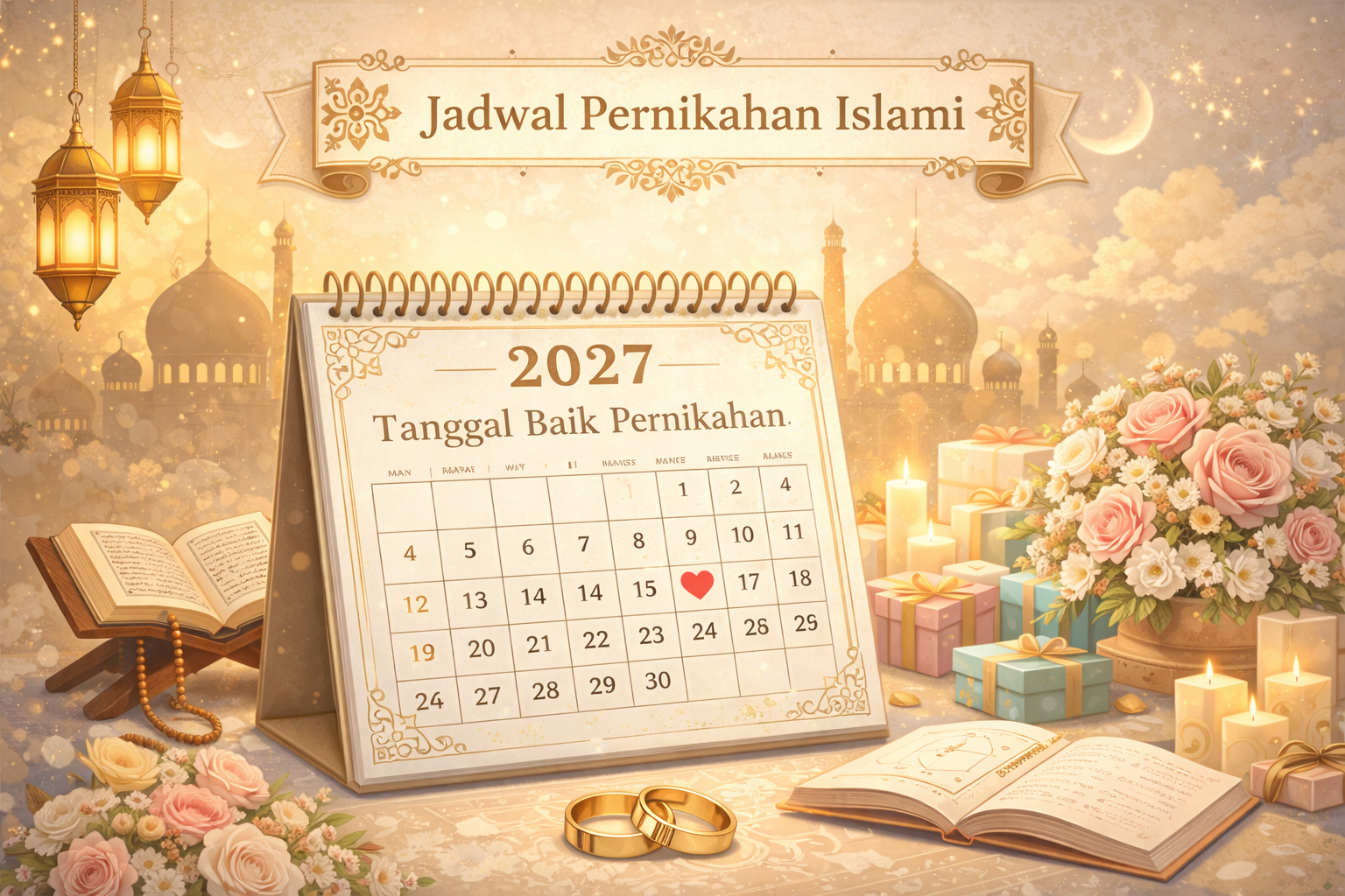 Ilustrasi tanggal baik pernikahan 2027 dengan kalender bertanda hati, Al-Qur’an, cincin nikah, dan dekorasi Islami dalam suasana hangat dan elegan.