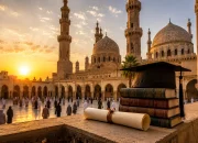 Ilustrasi lingkungan kampus dan masjid di Mesir sebagai destinasi Beasiswa Al Azhar 2026 dengan nuansa pendidikan Islam klasik dan internasional.