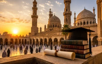 Ilustrasi lingkungan kampus dan masjid di Mesir sebagai destinasi Beasiswa Al Azhar 2026 dengan nuansa pendidikan Islam klasik dan internasional.