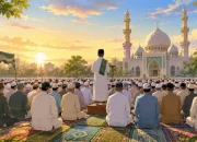 Ilustrasi umat Muslim melaksanakan Salat Idul Adha berjamaah di lapangan terbuka sambil membaca Niat Sholat Idul Adha 2026 sebelum ibadah dimulai.