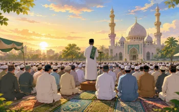 Ilustrasi umat Muslim melaksanakan Salat Idul Adha berjamaah di lapangan terbuka sambil membaca Niat Sholat Idul Adha 2026 sebelum ibadah dimulai.