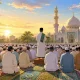 Ilustrasi umat Muslim melaksanakan Salat Idul Adha berjamaah di lapangan terbuka sambil membaca Niat Sholat Idul Adha 2026 sebelum ibadah dimulai.