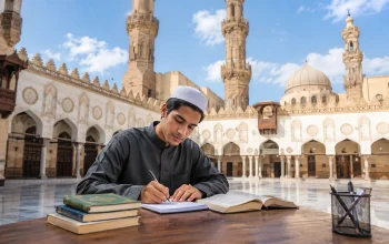 Ilustrasi pelajar sedang belajar serius mempersiapkan ujian sebagai bagian dari Tips Lolos Beasiswa Al Azhar 2026.
