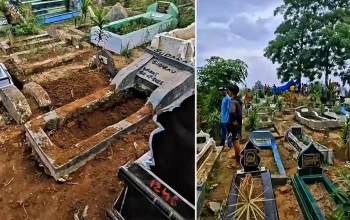 makam dibongkar di Simalungun dengan kondisi liang lahat terbuka di TPU Muslim dan warga melihat lokasi kejadian