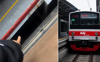 Stasiun Kebayoran viral terkait dugaan pelecehan di KRL dengan gambar celah peron dan kereta KAI Commuter di jalur stasiun