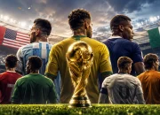 Ilustrasi skuad Piala Dunia 2026 dengan pemain timnas dunia dan trofi FIFA di stadion besar.