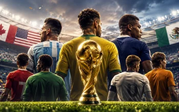 Ilustrasi skuad Piala Dunia 2026 dengan pemain timnas dunia dan trofi FIFA di stadion besar.