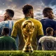Ilustrasi skuad Piala Dunia 2026 dengan pemain timnas dunia dan trofi FIFA di stadion besar.