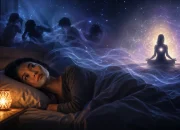 Ilustrasi wanita mengalami sulit tidur malam hari meski tubuh terlihat lelah di kamar tidur.