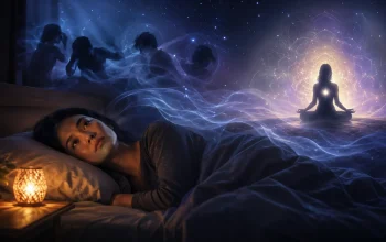 Ilustrasi wanita mengalami sulit tidur malam hari meski tubuh terlihat lelah di kamar tidur.
