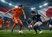 Belanda vs Jepang pada laga Grup F Piala Dunia 2026 di AT&T Stadium, Texas, 15 Juni 2026. Pemain kedua tim terlibat duel sengit yang menggambarkan pertemuan gaya Total Football Belanda dan disiplin taktis Jepang di bawah sorotan lampu stadion.