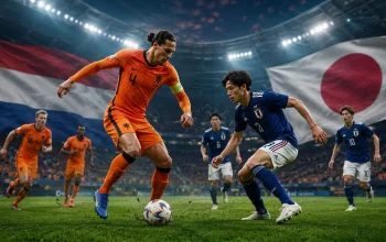 Belanda vs Jepang pada laga Grup F Piala Dunia 2026 di AT&T Stadium, Texas, 15 Juni 2026. Pemain kedua tim terlibat duel sengit yang menggambarkan pertemuan gaya Total Football Belanda dan disiplin taktis Jepang di bawah sorotan lampu stadion.