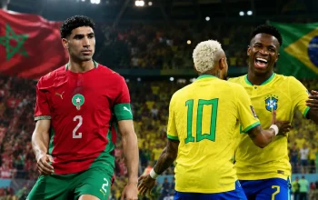 Brasil vs Maroko di MetLife Stadium, New Jersey, pada 14 Juni 2026. Pemain Maroko dan Brasil tampil dalam suasana pertandingan sengit yang menampilkan duel antara disiplin taktis Singa Atlas dan kreativitas menyerang Selecao di hadapan ribuan penonton.