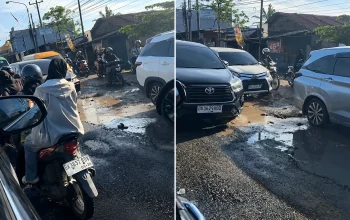 Jalan Veteran Pasar 9 Helvetia Deli Serdang rusak parah dengan banyak lubang besar, menjadi sorotan terkait kondisi infrastruktur Deli Serdang.