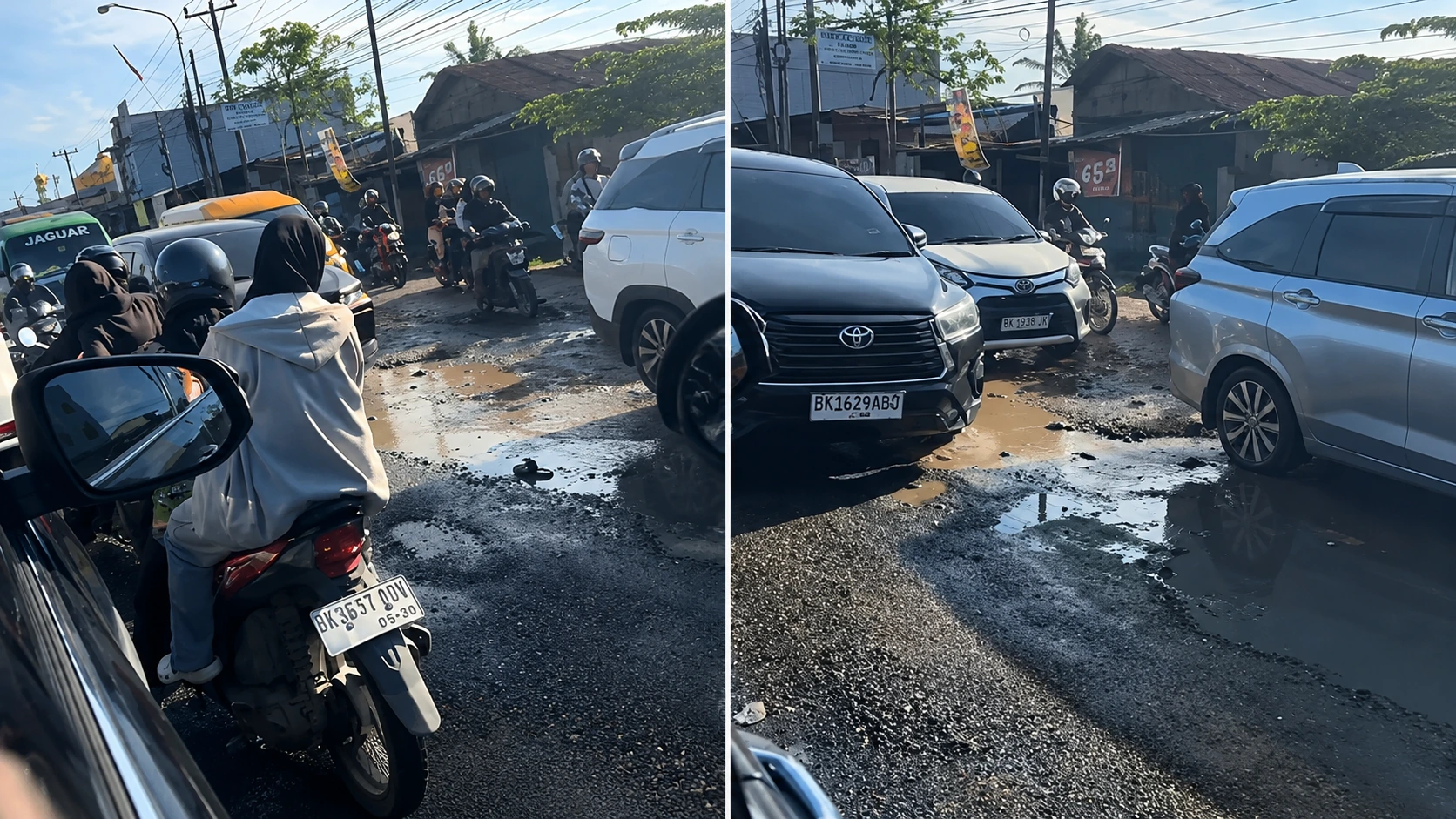 Jalan Veteran Pasar 9 Helvetia Deli Serdang rusak parah dengan banyak lubang besar, menjadi sorotan terkait kondisi infrastruktur Deli Serdang.