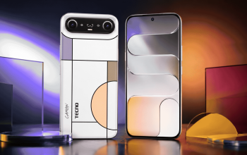 Tecno Camon 50 Slim dengan desain bodi tipis 6,39 mm, AI Mood Light pada modul kamera belakang, dan layar AMOLED 144Hz dalam tampilan promosi resmi.